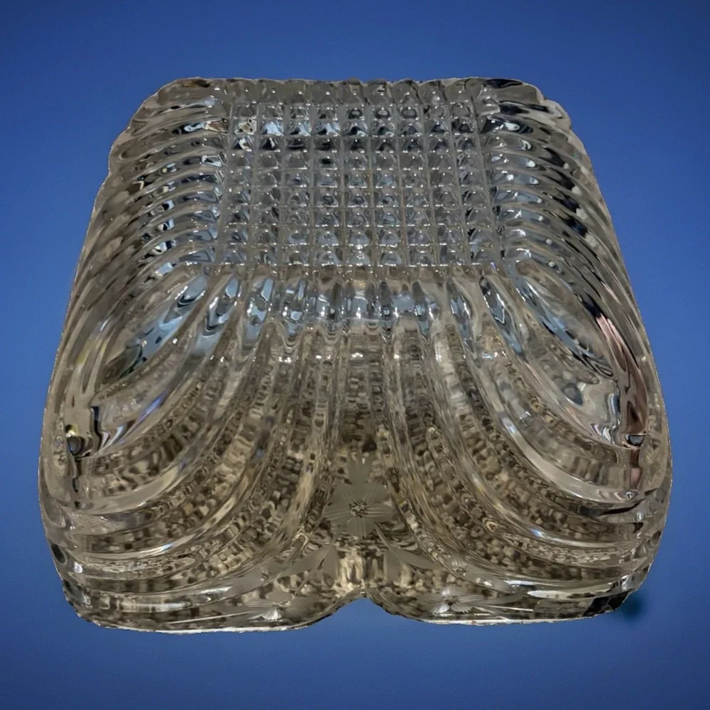 Vtg 24% Lead Crystal hand Cut Square Serving Bowl Polish Crystal Floral Etching